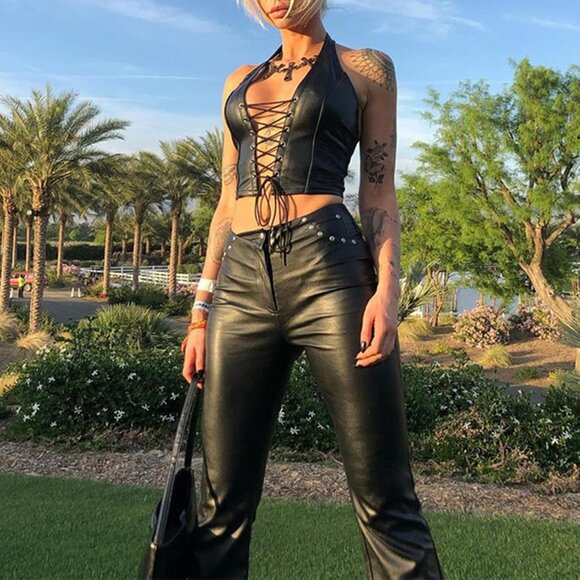 Women Black Adjustable Spaghetti Straps Pu Leather Bustier Crop Top Rave Outfit - Picture 2 of 6